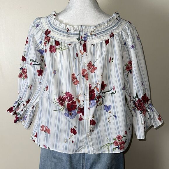 ZARA XS White Blue Vercial Stripe Floral Two Way Quarter Sl On Off Shoulder Top - Picture 4 of 10